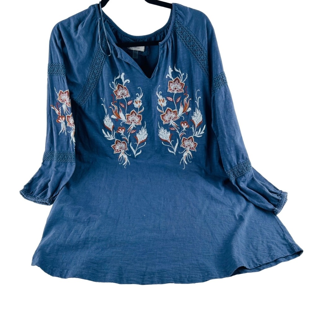 Cupio Women's size Small Embroidered Boho‎ Swing Dress Blue Stretch